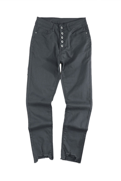 Plain High Waist Buttons Frayed Cropped Denim Jeans